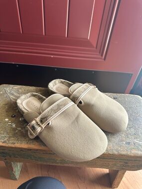 Coach Taupe Suede Mule Clogs with Signature Trim and Buckle